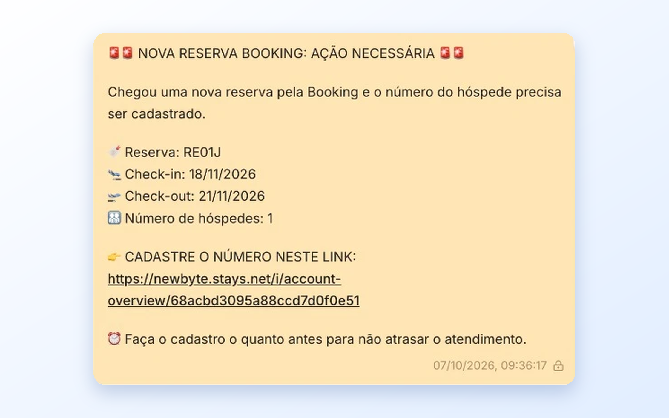 Alerta do contato Reservas Booking no NChat