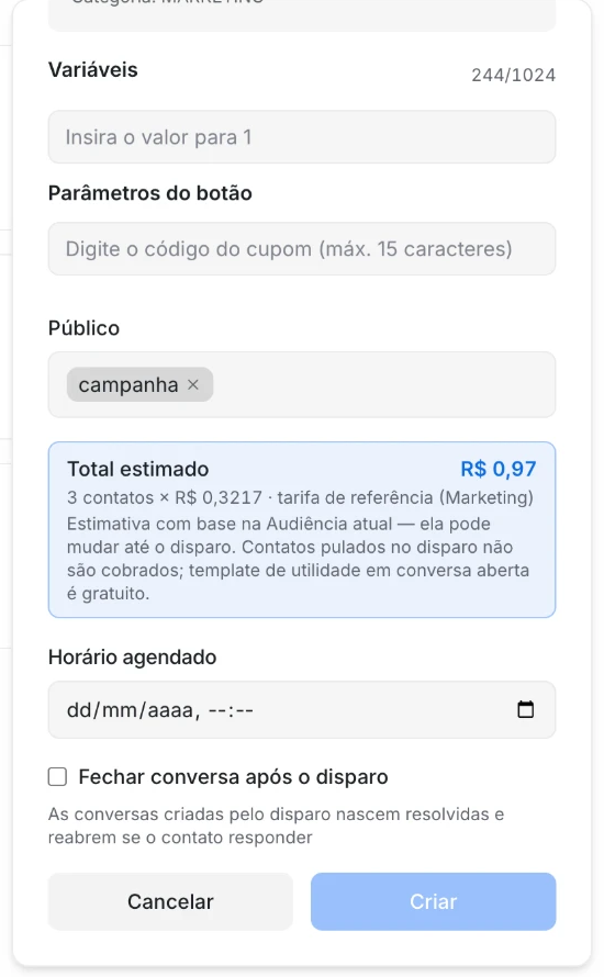 Painel de criação de campanha do WhatsApp com o Total estimado em reais