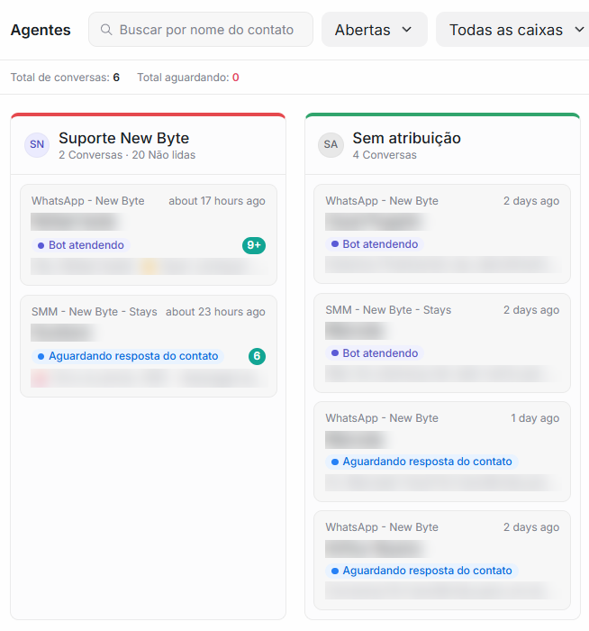 Kanban por agente no NChat, com as conversas em colunas por atendente e a coluna Sem atribuição