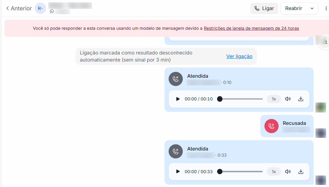Conversa no NChat com o botão Ligar no topo e as ligações registradas na linha do tempo, com resultado, duração e player de áudio