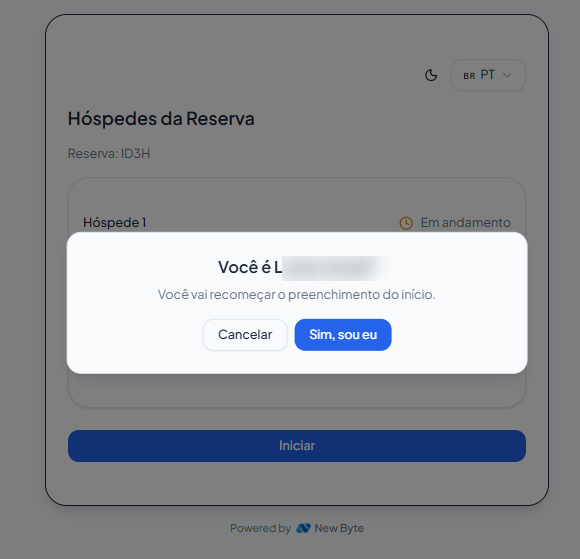 Janela de confirmação perguntando se é o hóspede e avisando que o preenchimento recomeça do início