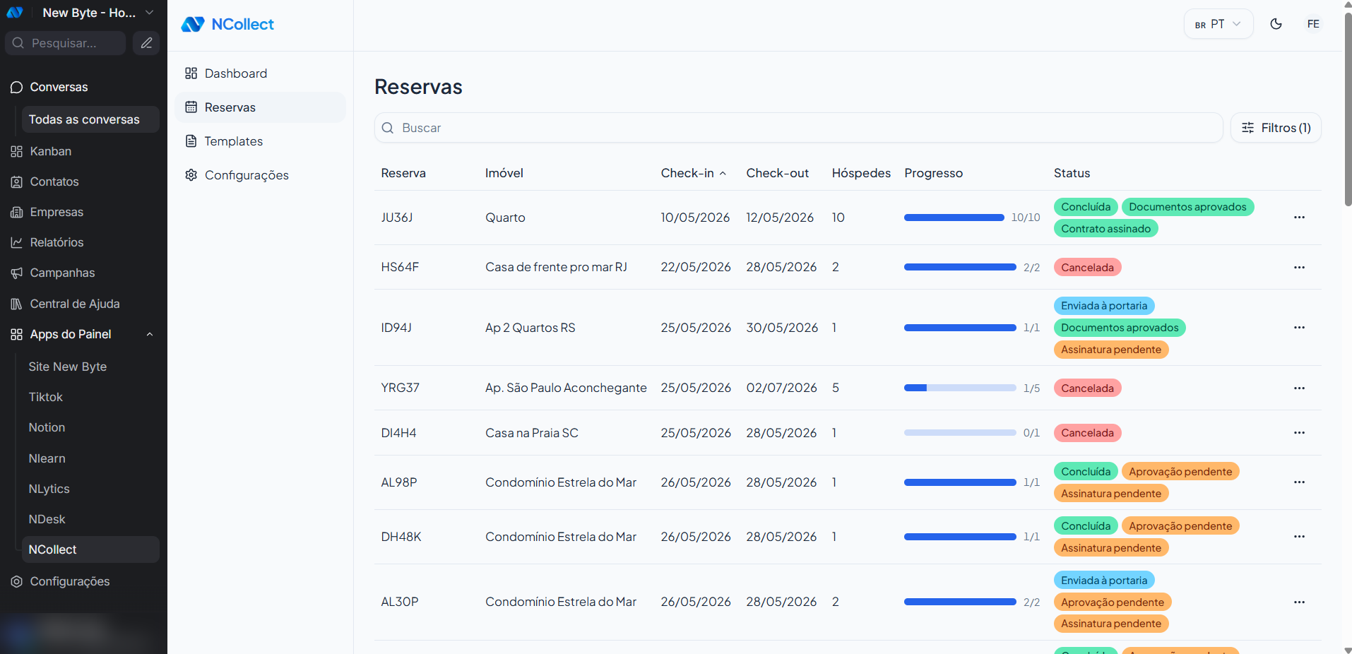 Lista de reservas do NCollect aberta dentro do NChat, no menu Apps do Painel
