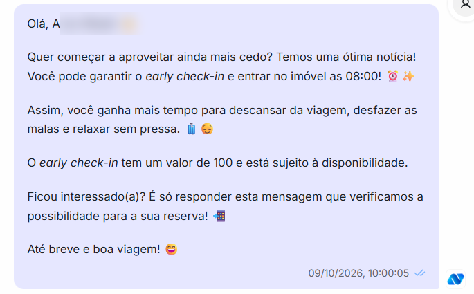 Mensagem do NFy oferecendo early check-in ao hóspede, com horário e valor