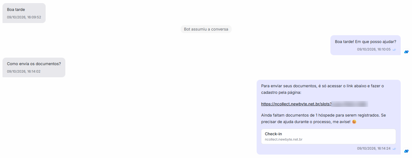 Conversa em que o hóspede pergunta como enviar os documentos e a IA responde com o link do NCollect e avisa que faltam documentos de 1 hóspede