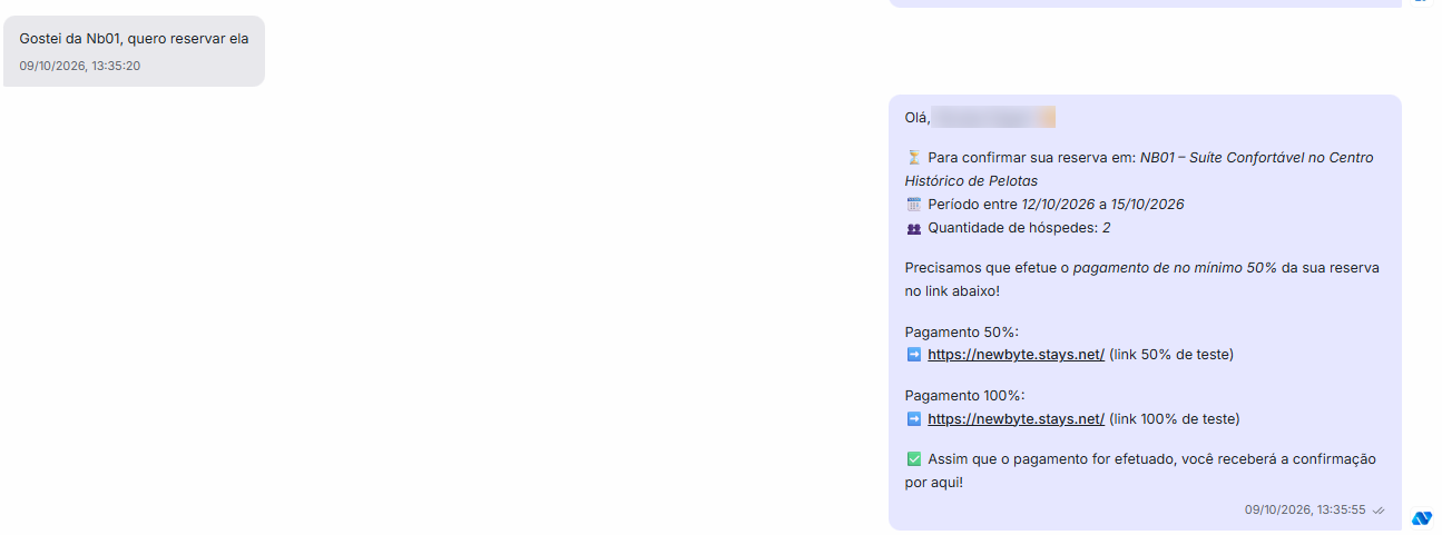 Conversa em que o hóspede escolhe uma acomodação e a Nia responde com os dados da reserva e os links de pagamento