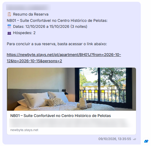 Resumo da reserva enviado pela Nia, com imóvel, datas, hóspedes e o link para concluir
