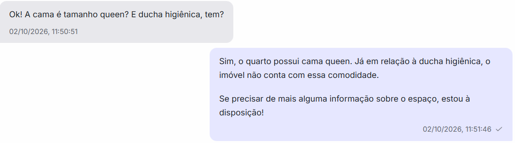 Conversa em que o hóspede pergunta se a cama é queen e a Nia confirma o tipo de cama do quarto