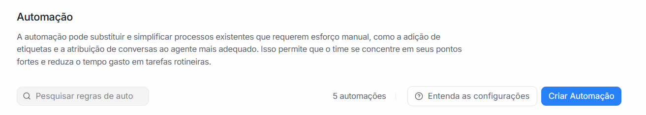 Tela de automações com o botão Entenda as configurações ao lado de Criar Automação