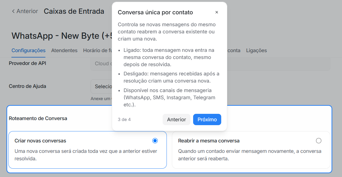 Passo 3 do tour: Conversa única por contato, com as opções ligado e desligado