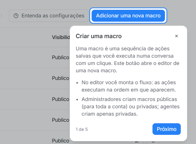 Passo 1 do tour: Criar uma macro, explicando o botão e o editor