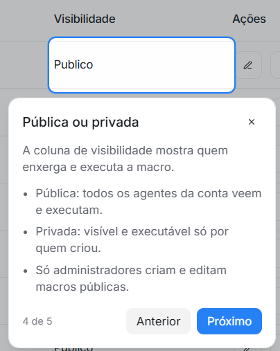 Passo 4 do tour: Pública ou privada, explicando a coluna de visibilidade