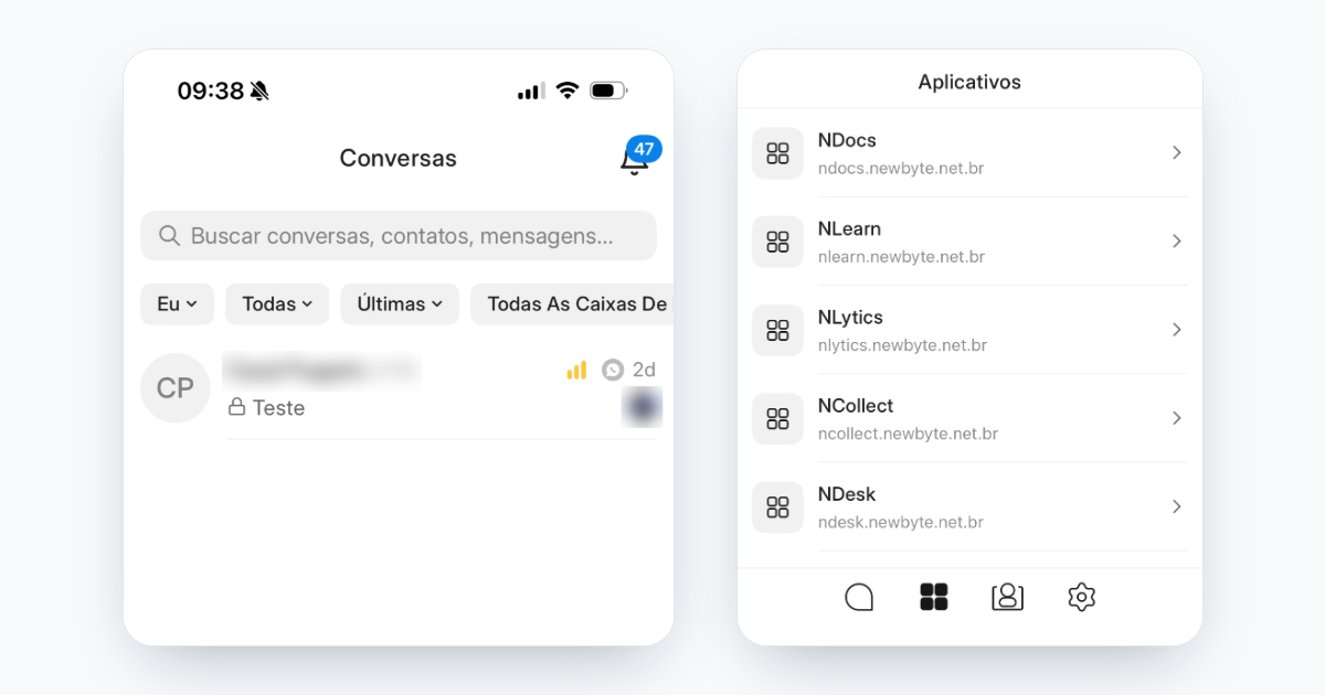 NChat app showing the Conversations screen with search and filters, and the Apps tab