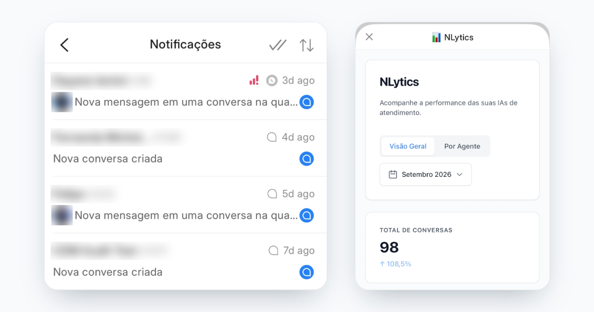 NChat app Notifications screen and NLytics open on mobile