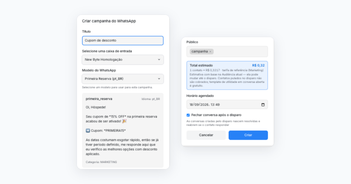 WhatsApp campaign creation screen with template, audience and estimated total