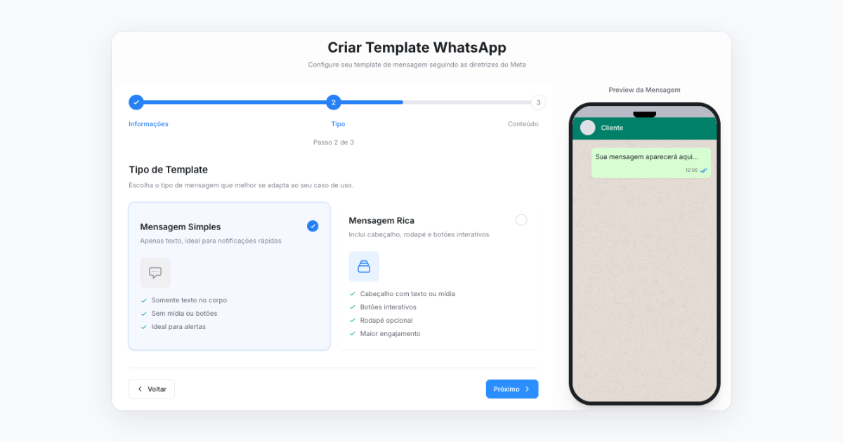 Three-step WhatsApp template builder with a phone preview